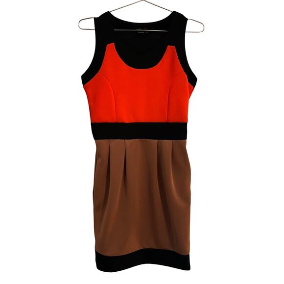 BCBGMaxAzria Womens Orange, Black, Camel Color Block Body Con Dress XS - Picture 1 of 6